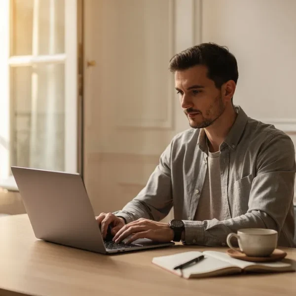 Développeur web freelance travaillant sur son ordinateur dans un espace de travail lumineux
