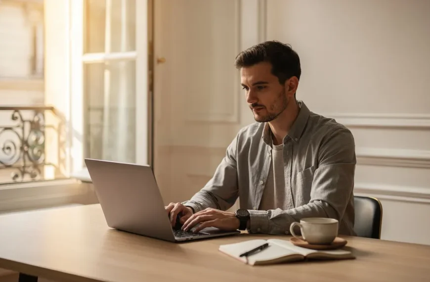 Développeur web freelance travaillant sur son ordinateur dans un espace de travail lumineux