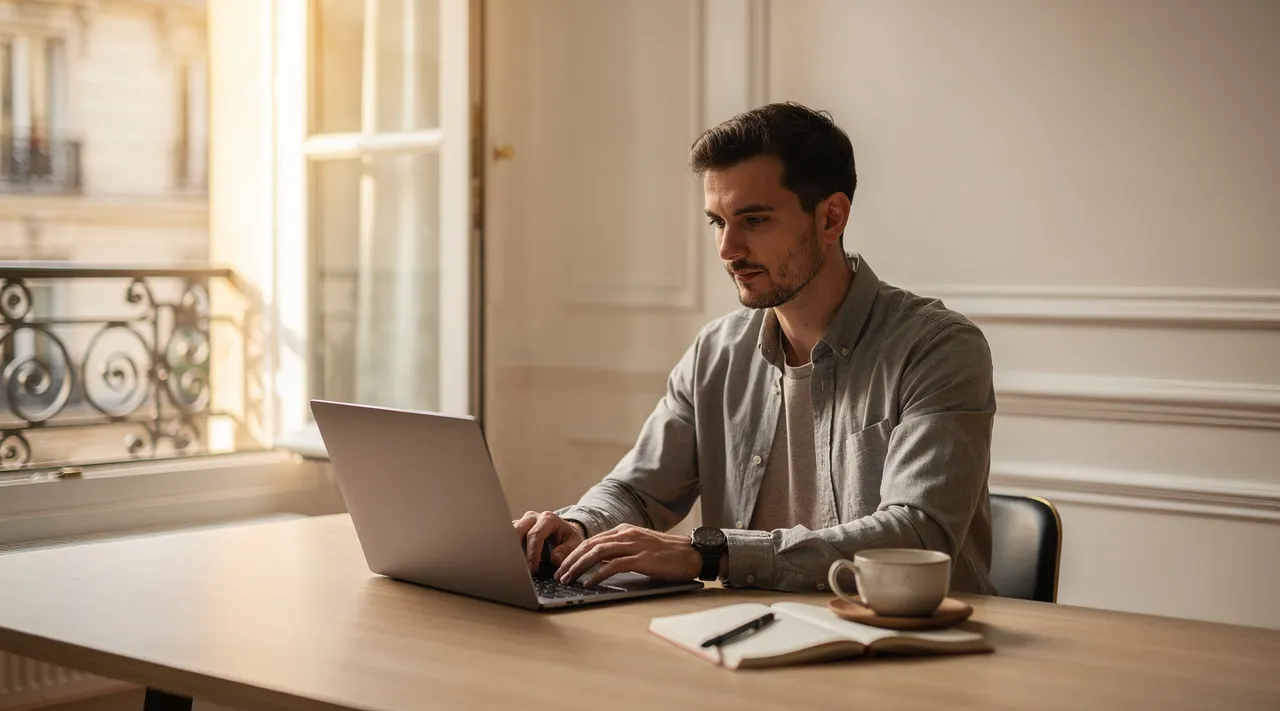 Développeur web freelance travaillant sur son ordinateur dans un espace de travail lumineux