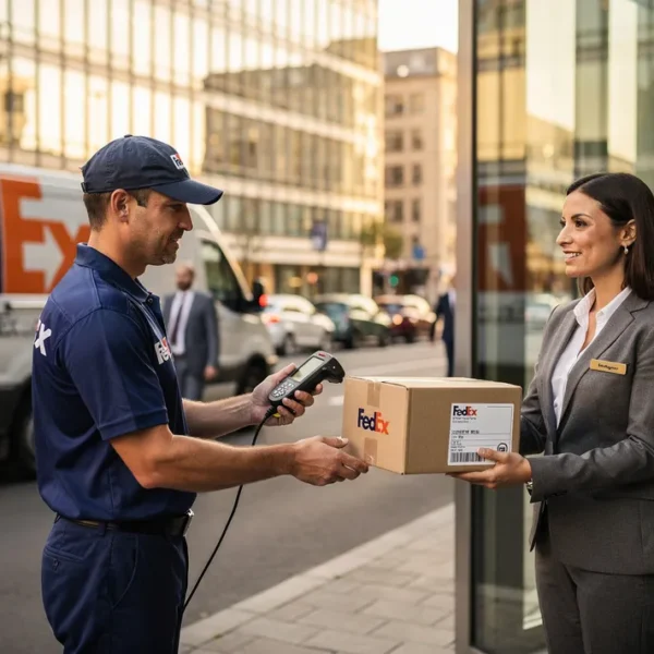 Livraison FedEx en zone professionnelle, un chauffeur remet un colis à un dirigeant de PME