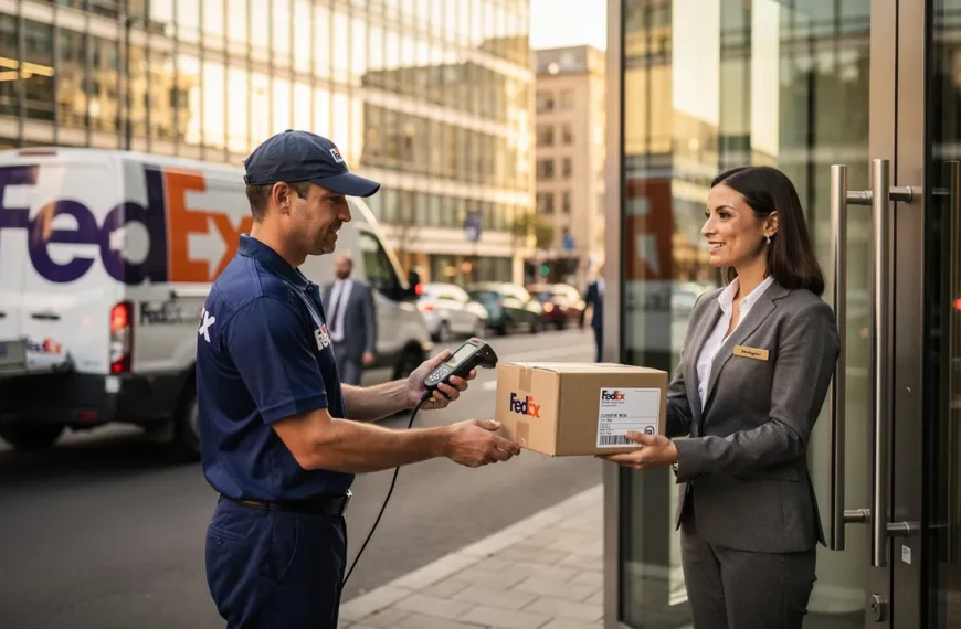 Livraison FedEx en zone professionnelle, un chauffeur remet un colis à un dirigeant de PME