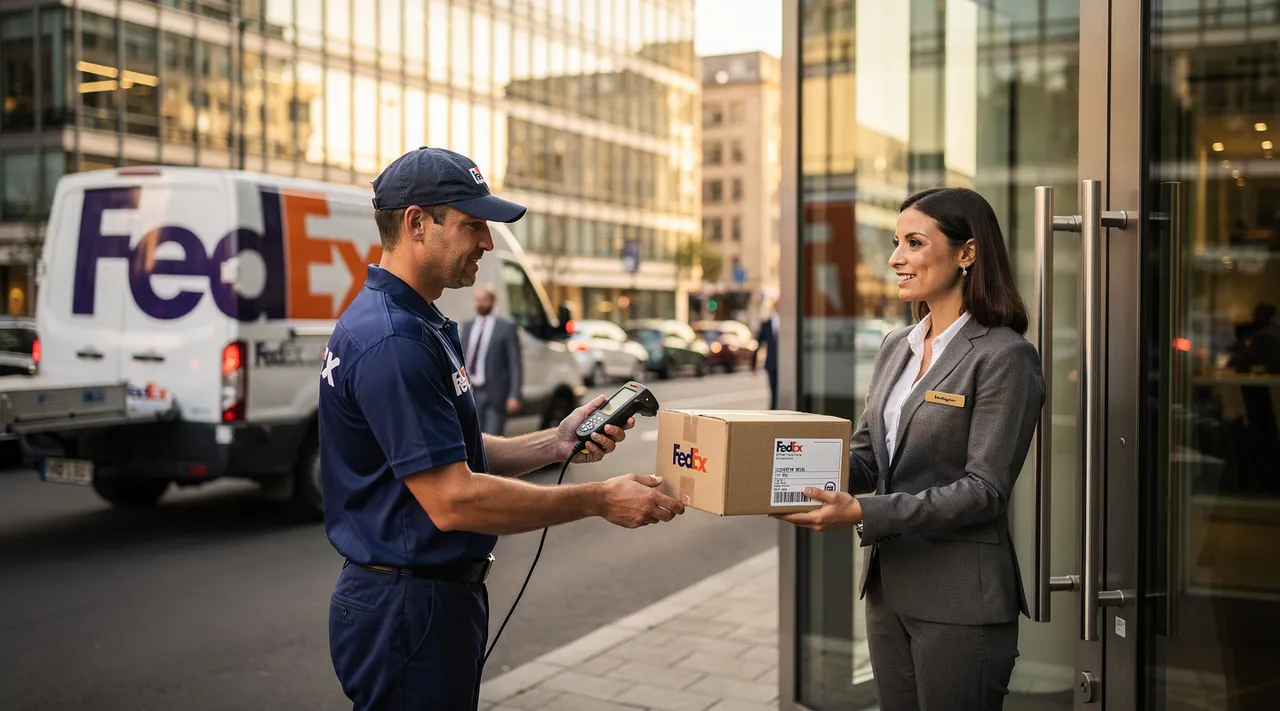 Livraison FedEx en zone professionnelle, un chauffeur remet un colis à un dirigeant de PME
