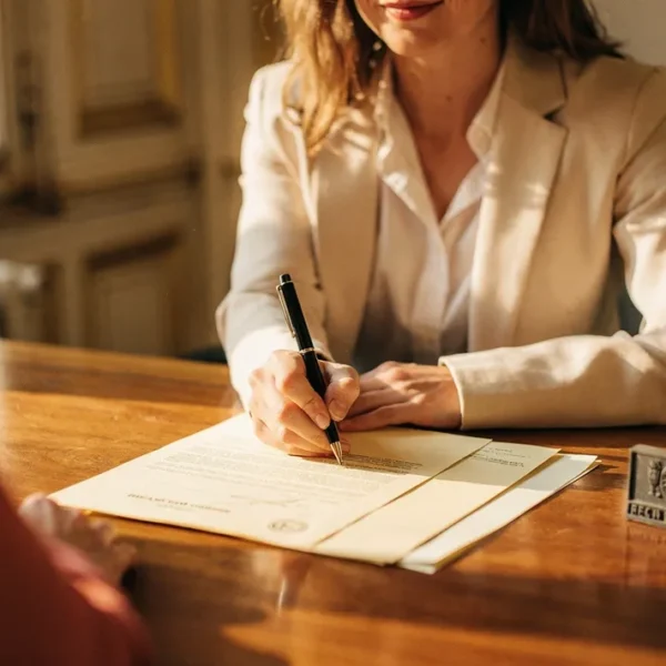 Femme dirigeante signant des documents officiels de création d'entreprise, sceau et tampon sur un bureau en bois