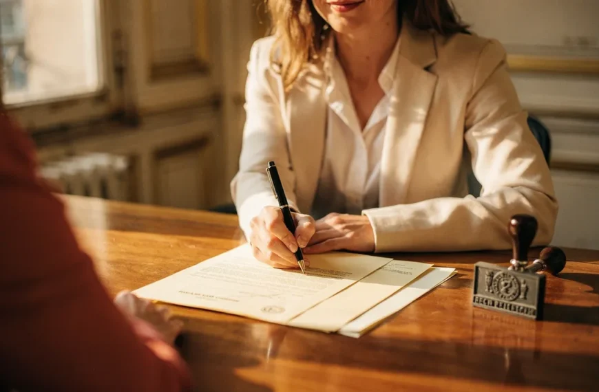 Femme dirigeante signant des documents officiels de création d'entreprise, sceau et tampon sur un bureau en bois
