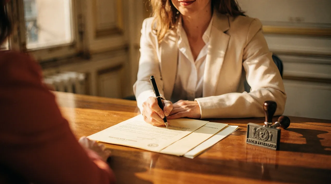 Femme dirigeante signant des documents officiels de création d'entreprise, sceau et tampon sur un bureau en bois